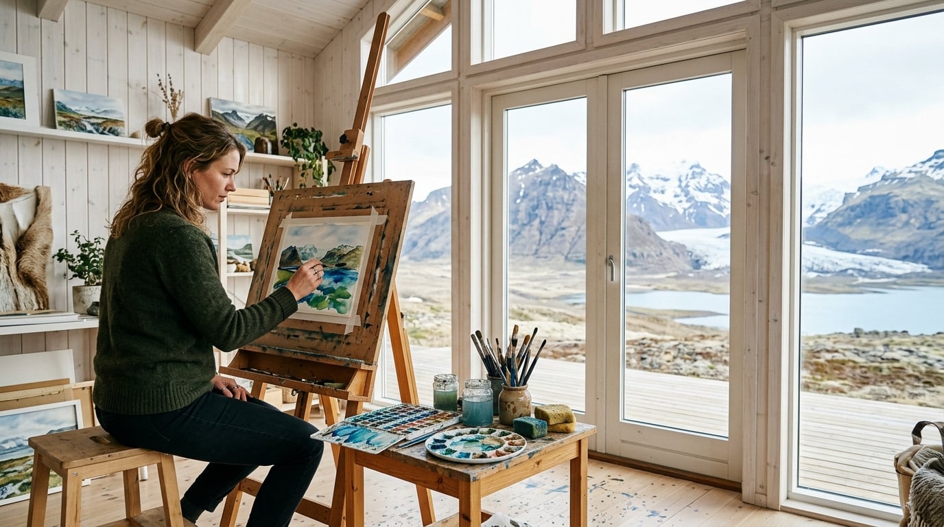 Artist painting watercolors in Iceland
